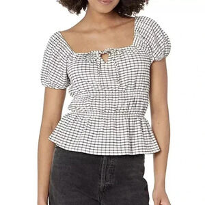Madewell Omaha Tiered Peplum Top Lighthouse Plaid Short Sleeves Size Large NWT